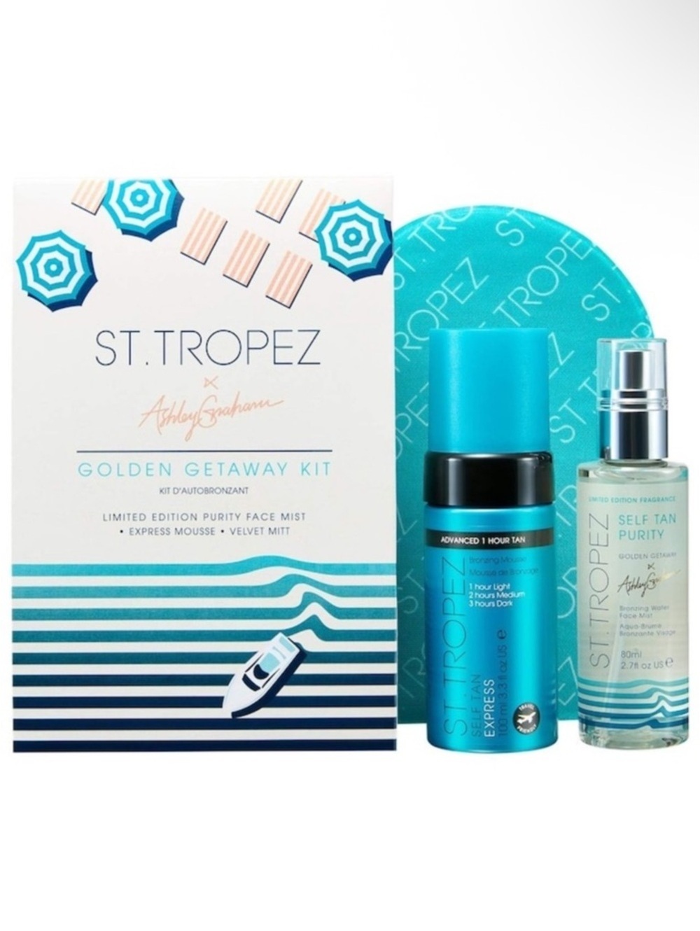 St. Tropez Golden Getaway Kit x Ashley Graham 3 Pc Set Face Mist/Mousse/Mitt NEW